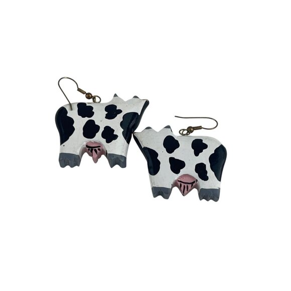 Handcrafted Bovine-Themed Dangle Earrings With Unique Black White Cow Design Whi - Picture 4 of 5